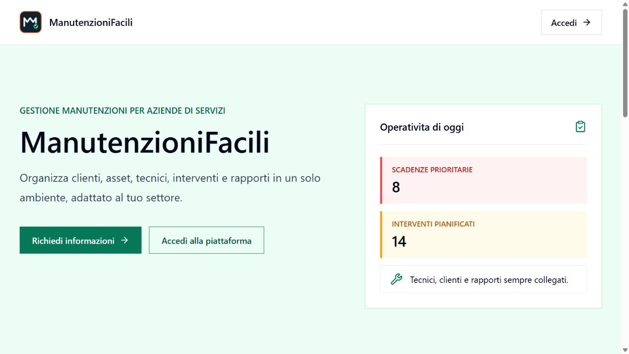 ManutenzioniFacili: Platform landing page