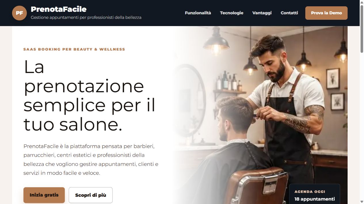 PrenotaFacile: Pagina iniziale della piattaforma
